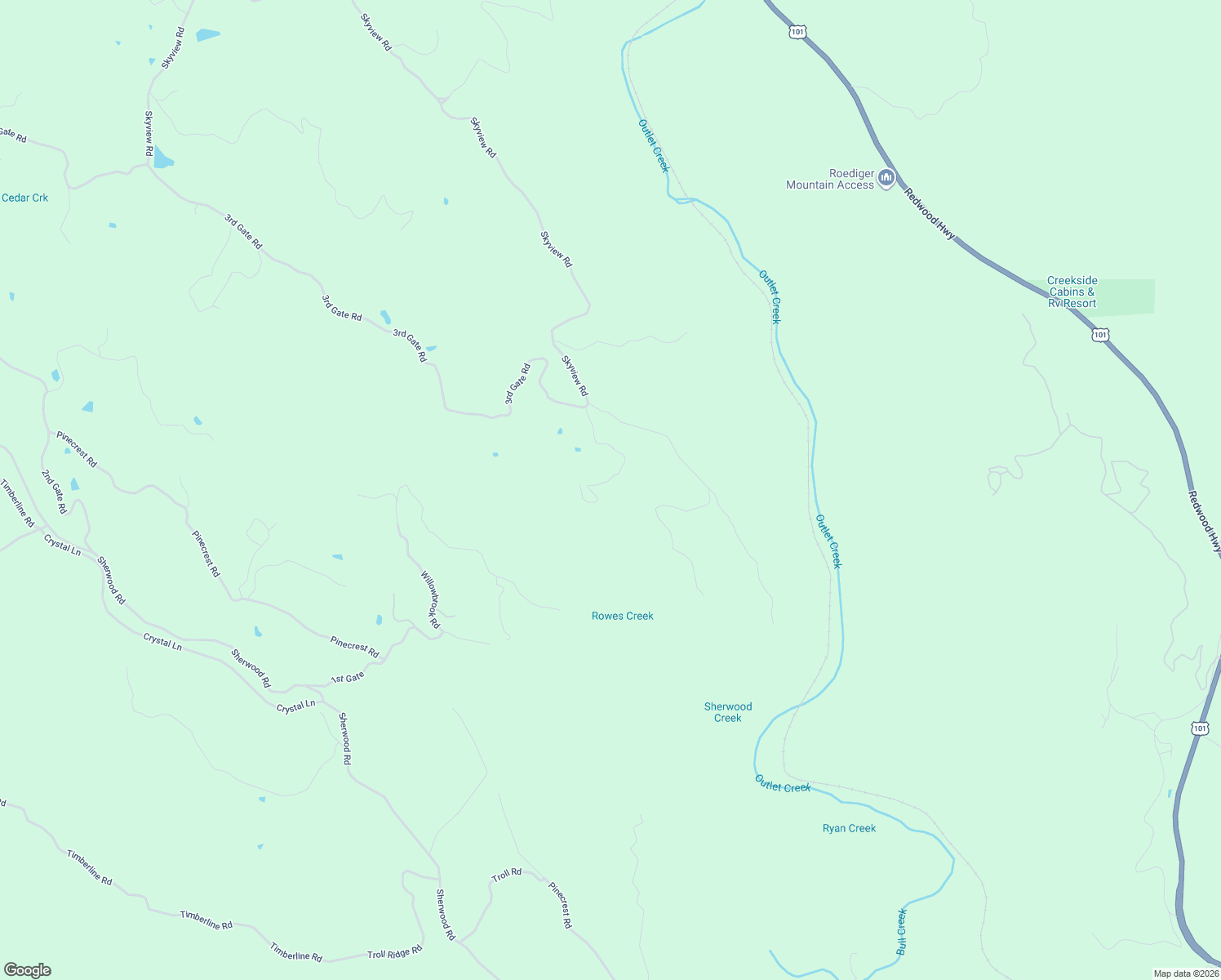 map of restaurants, bars, coffee shops, grocery stores, and more near 9501 Big John Rd in Willits