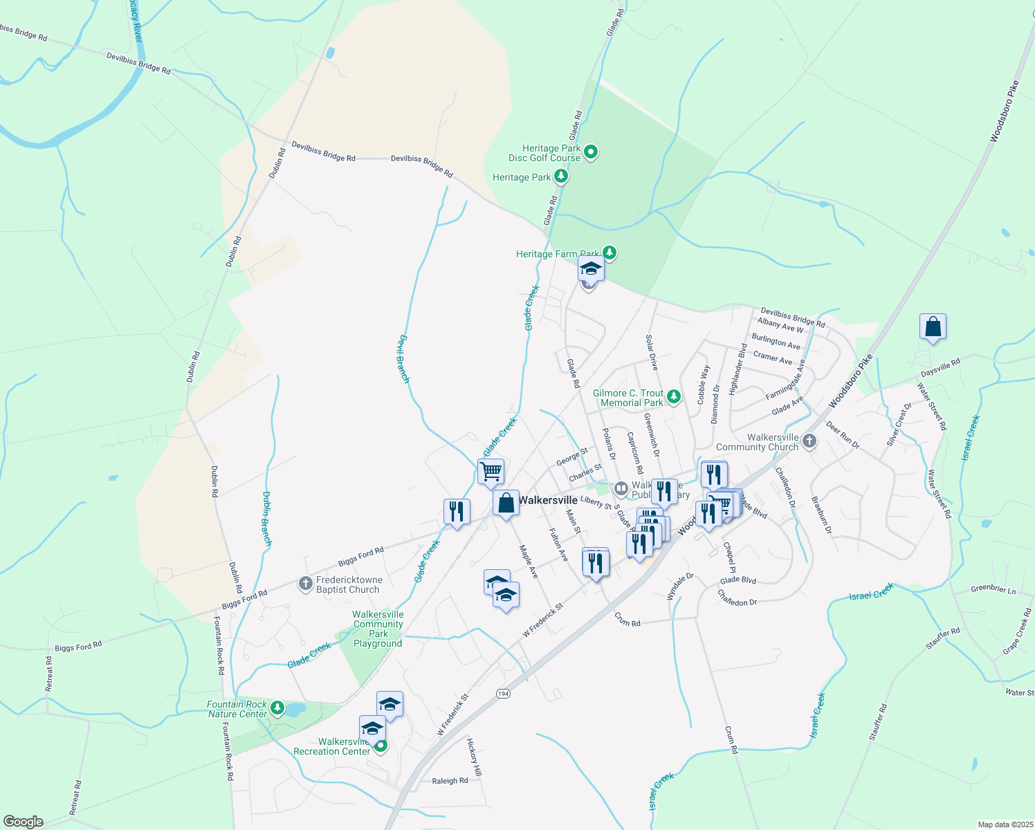 map of restaurants, bars, coffee shops, grocery stores, and more near 93 Main Street in Walkersville