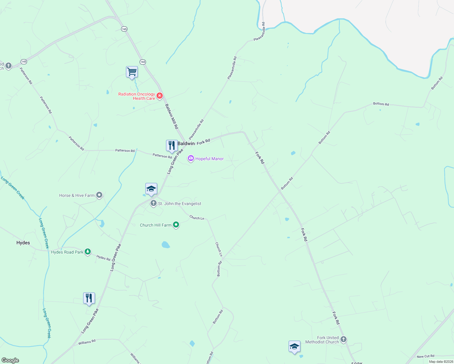 map of restaurants, bars, coffee shops, grocery stores, and more near 6008 Fork Woods Road in Baldwin