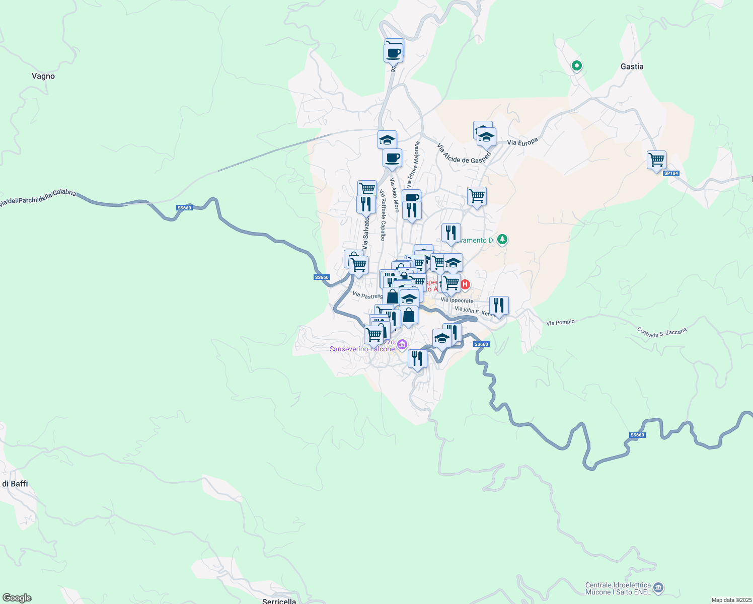 map of restaurants, bars, coffee shops, grocery stores, and more near 34 Via Michelangelo Buonarroti in Acri