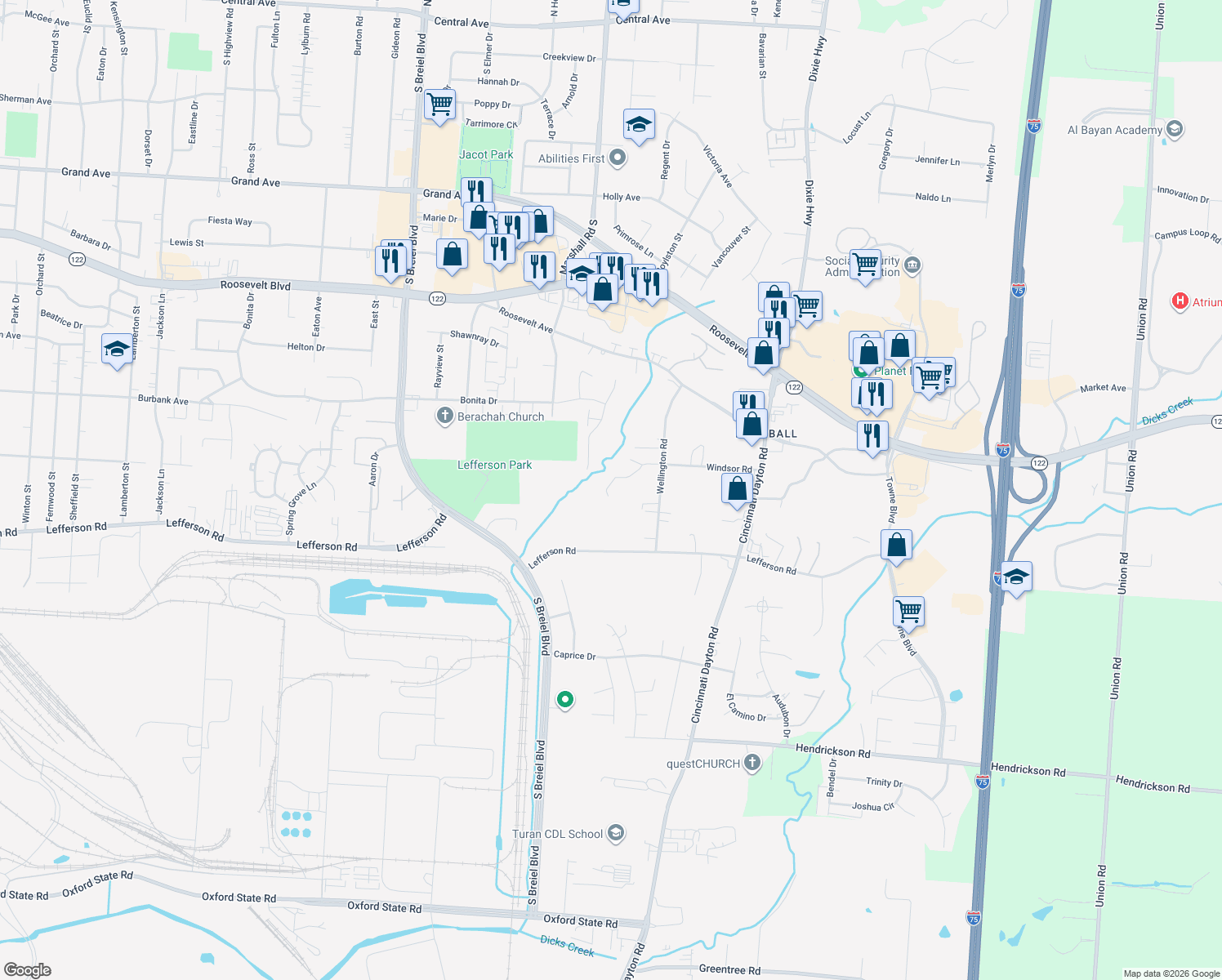 map of restaurants, bars, coffee shops, grocery stores, and more near 2040 Wellington Rd in Middletown