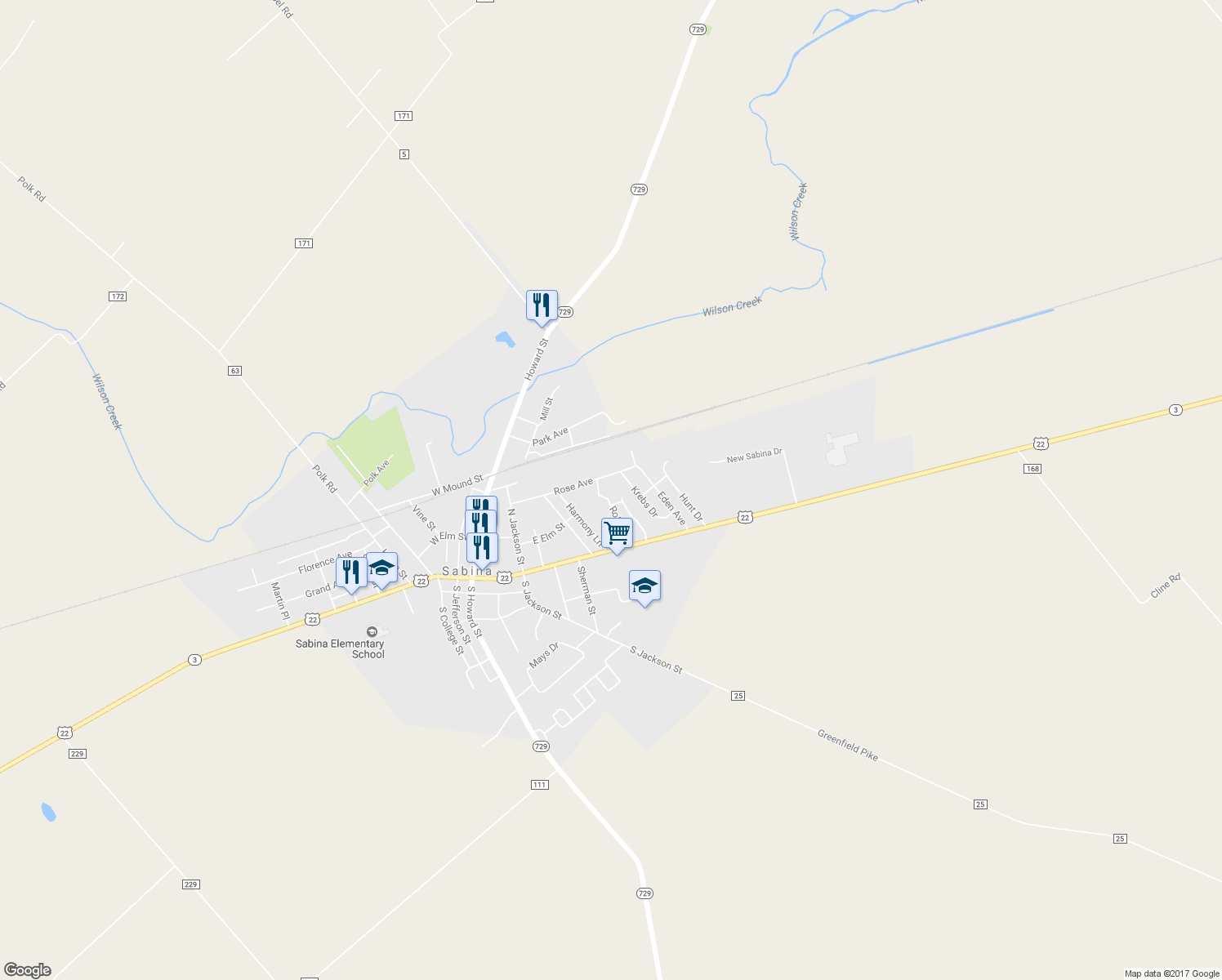 map of restaurants, bars, coffee shops, grocery stores, and more near 10 Flint Court in Sabina