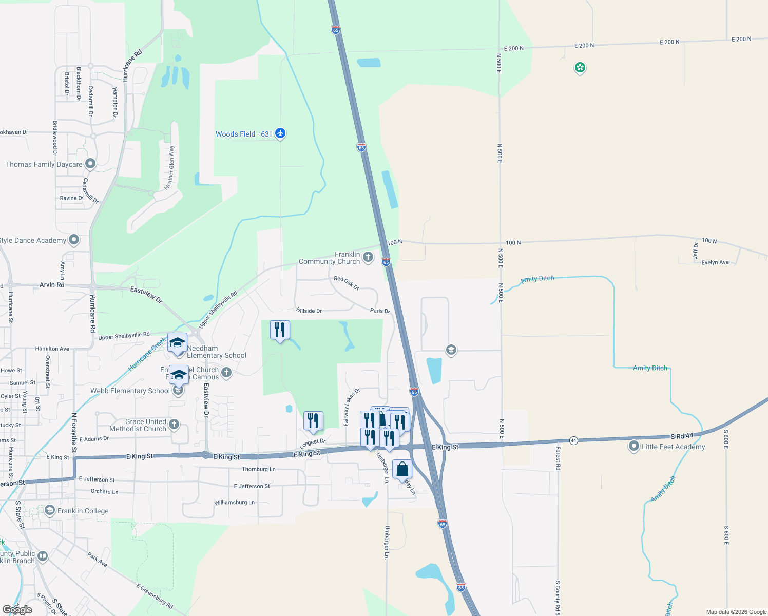 map of restaurants, bars, coffee shops, grocery stores, and more near 1159 Paris Drive in Franklin