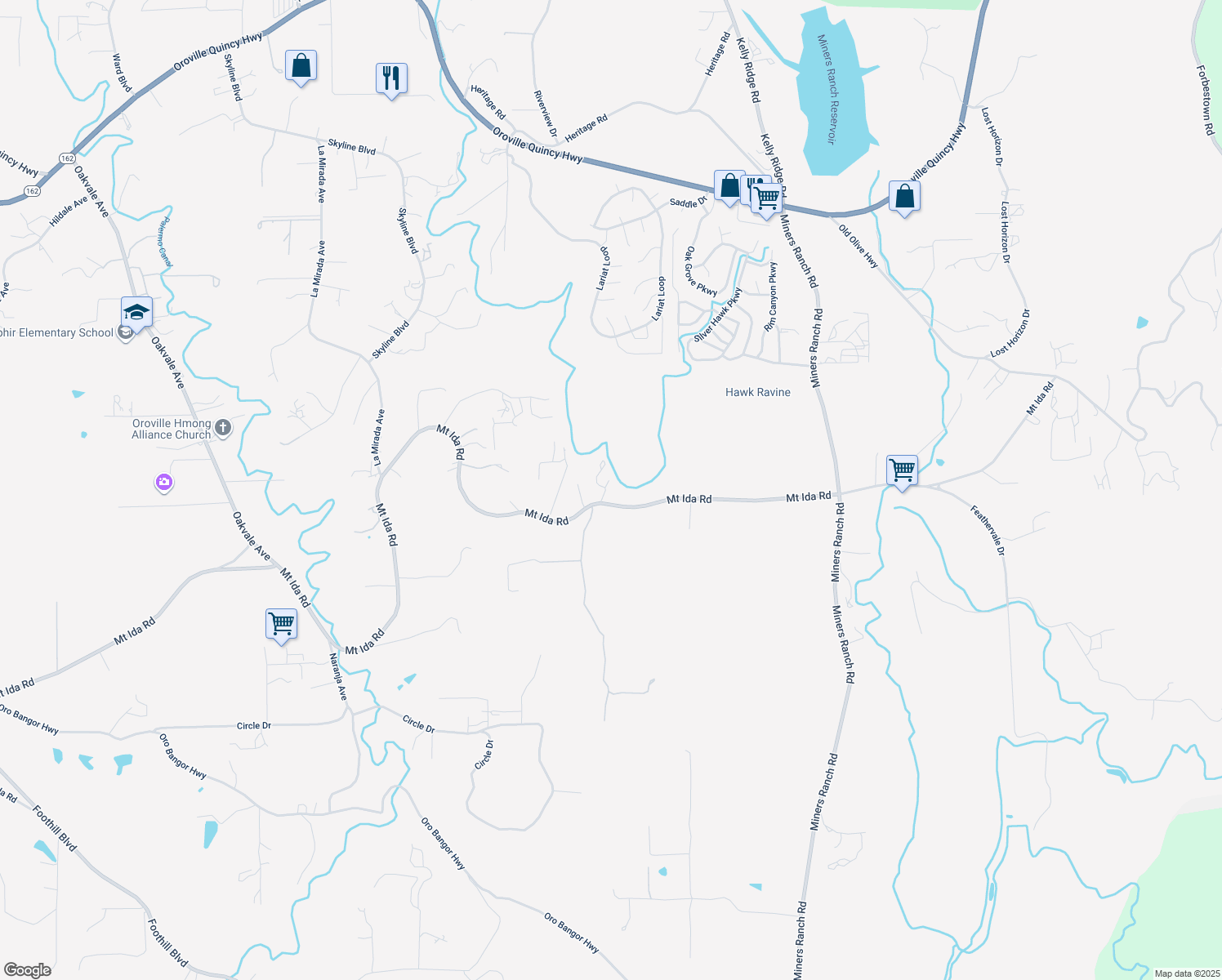 map of restaurants, bars, coffee shops, grocery stores, and more near 1361 Mount Ida Road in Oroville
