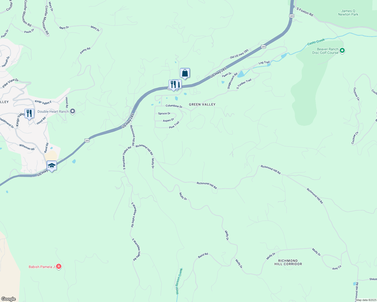 map of restaurants, bars, coffee shops, grocery stores, and more near 28376 Squirrel Lane in Conifer
