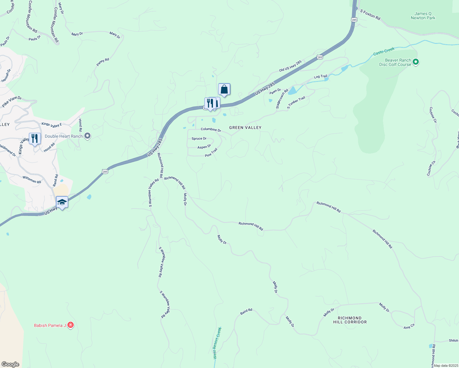 map of restaurants, bars, coffee shops, grocery stores, and more near 28376 Squirrel Lane in Conifer