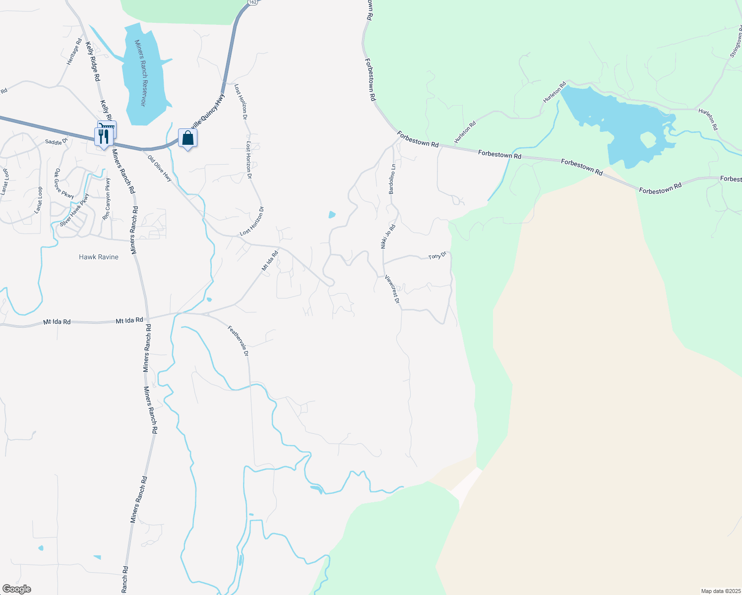 map of restaurants, bars, coffee shops, grocery stores, and more near 184 Peak View Drive in Oroville
