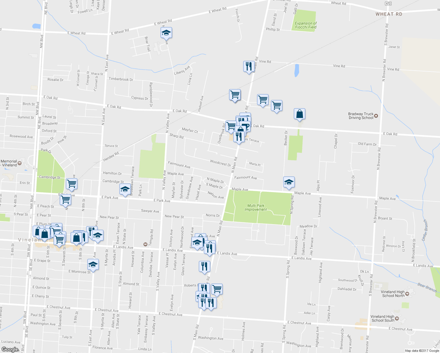 map of restaurants, bars, coffee shops, grocery stores, and more near 1189 Fairmount Avenue in Vineland