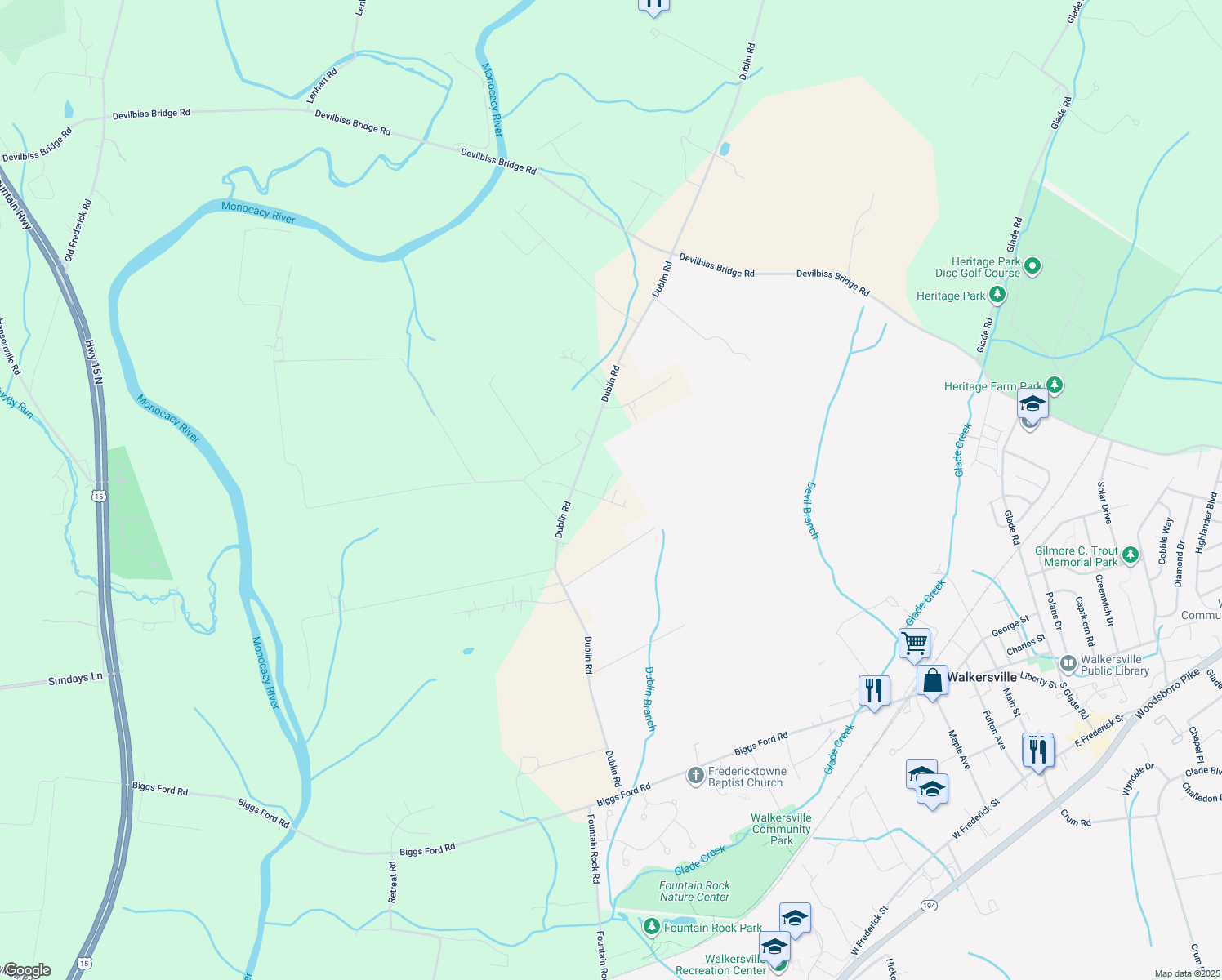 map of restaurants, bars, coffee shops, grocery stores, and more near 8408 Lassie Court East in Walkersville