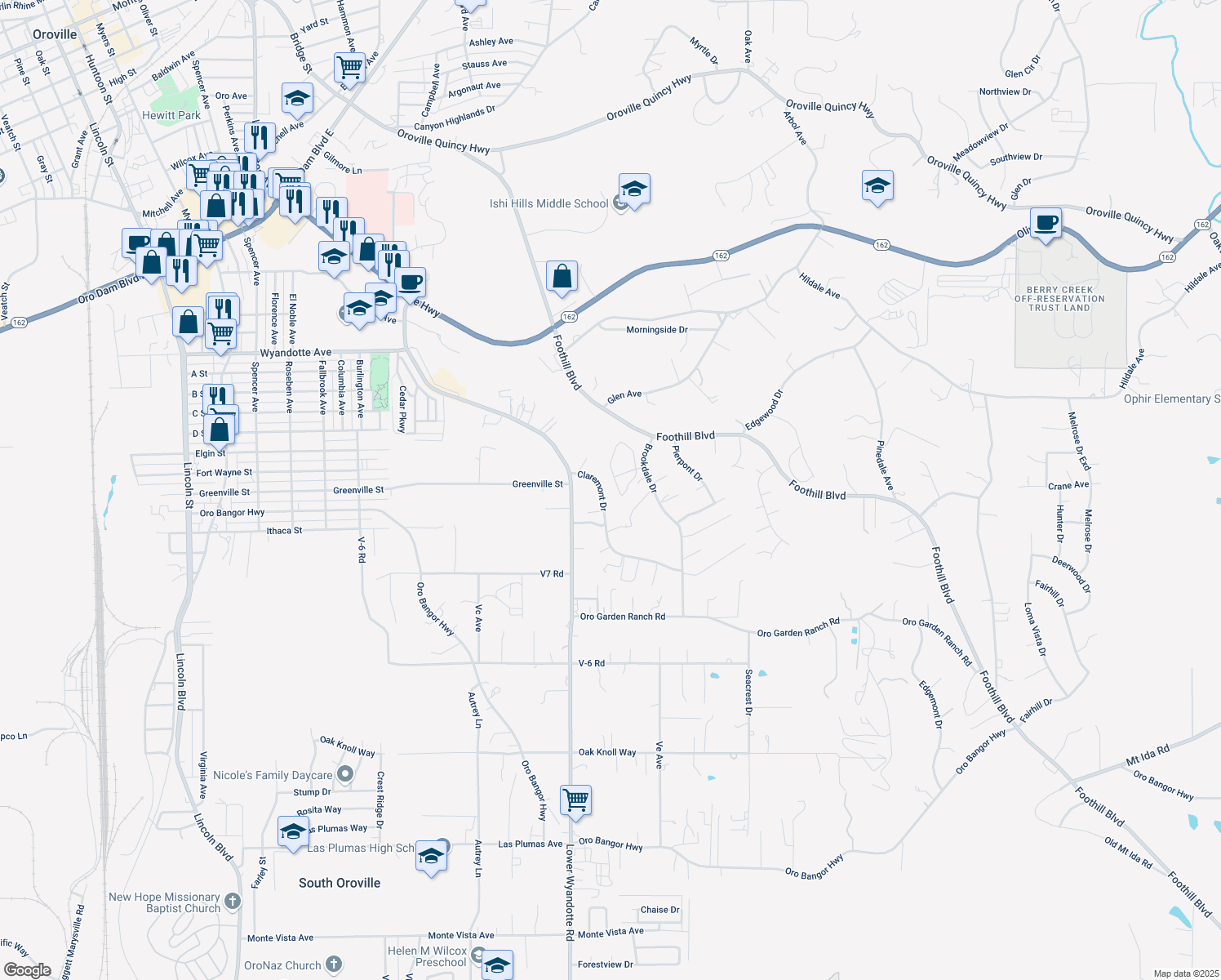 map of restaurants, bars, coffee shops, grocery stores, and more near 3127 Claremont Drive in Oroville