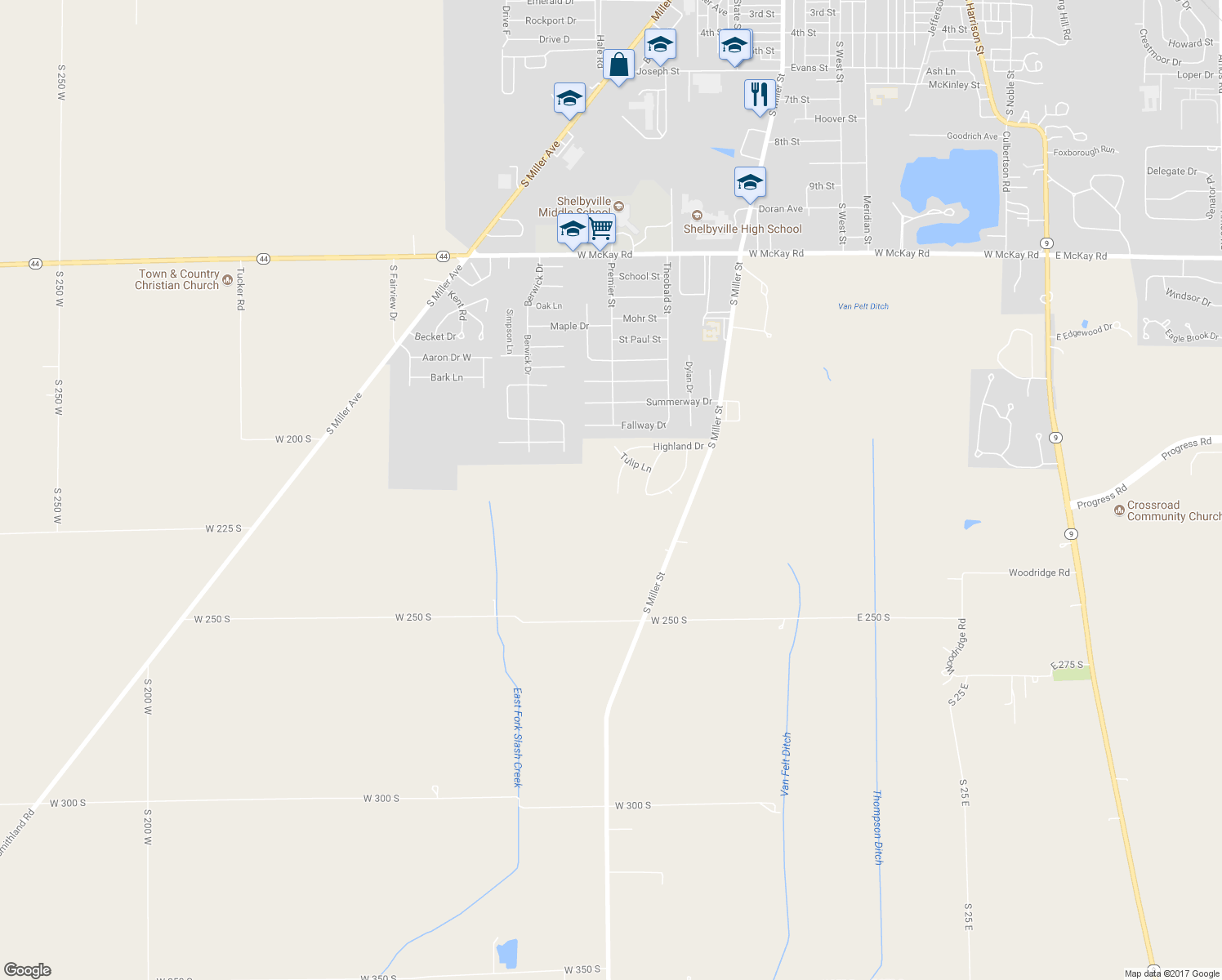 map of restaurants, bars, coffee shops, grocery stores, and more near 2843 South Rosewood Drive in Shelbyville