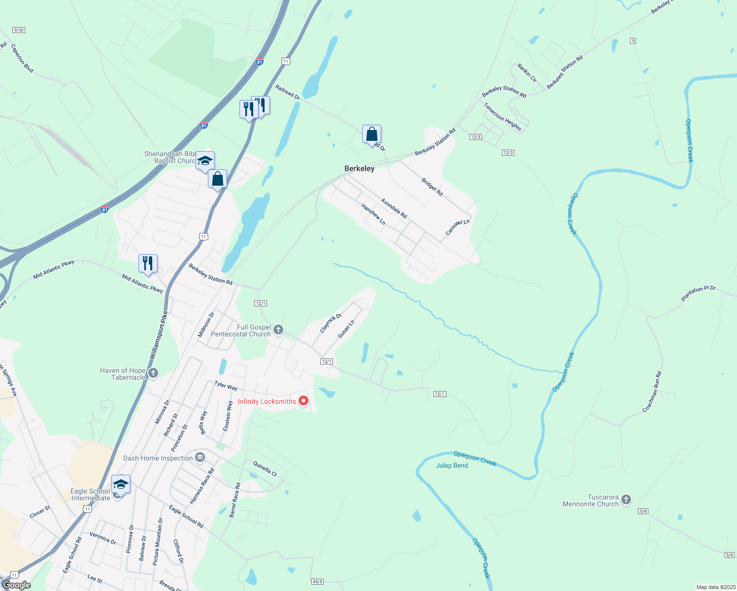 map of restaurants, bars, coffee shops, grocery stores, and more near 303 Susan Lane in Martinsburg