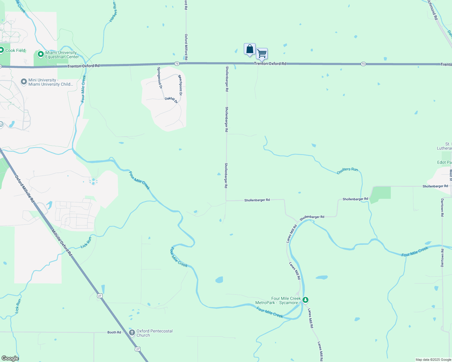 map of restaurants, bars, coffee shops, grocery stores, and more near 4225 Shollenbarger Road in Oxford