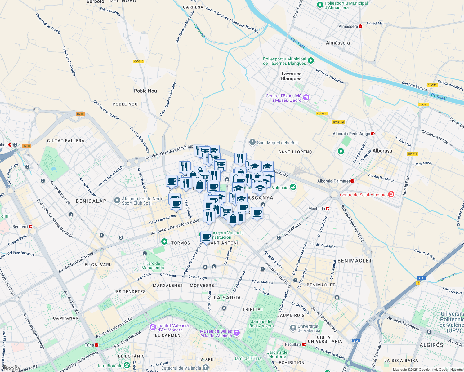 map of restaurants, bars, coffee shops, grocery stores, and more near 1 Calle de Pedro Cabanes in Valencia