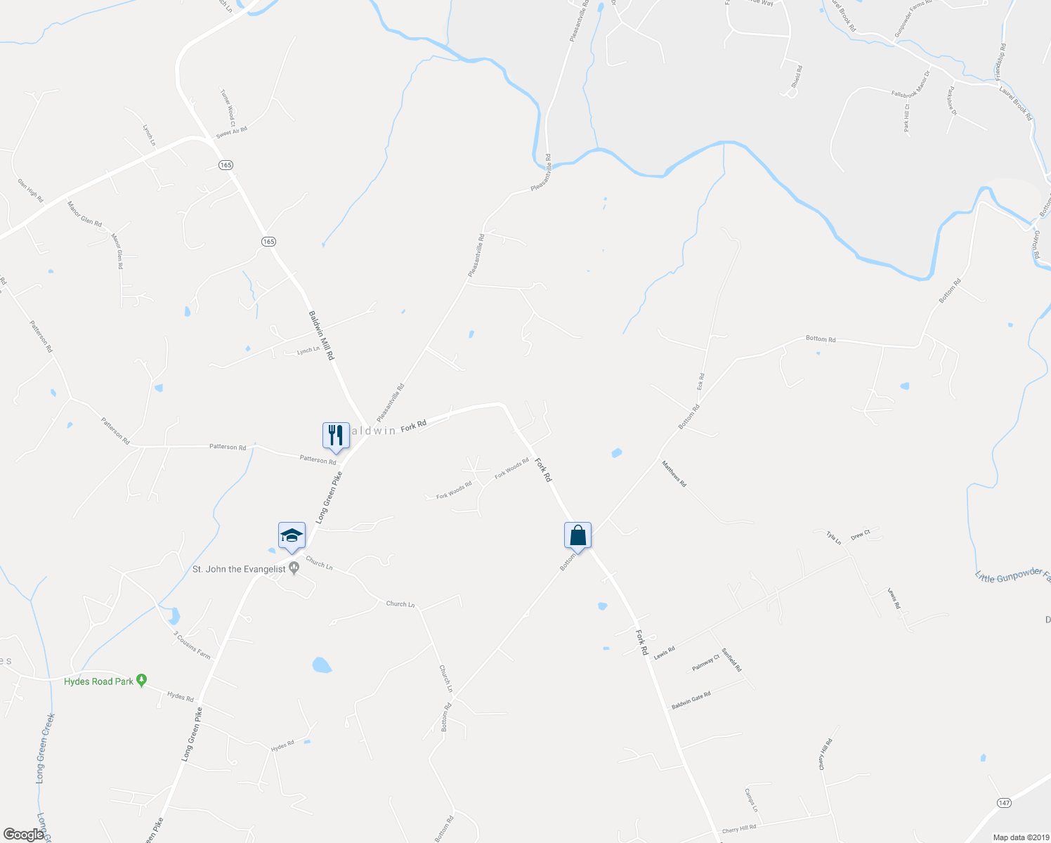 map of restaurants, bars, coffee shops, grocery stores, and more near 13421 Fork Road in Baldwin