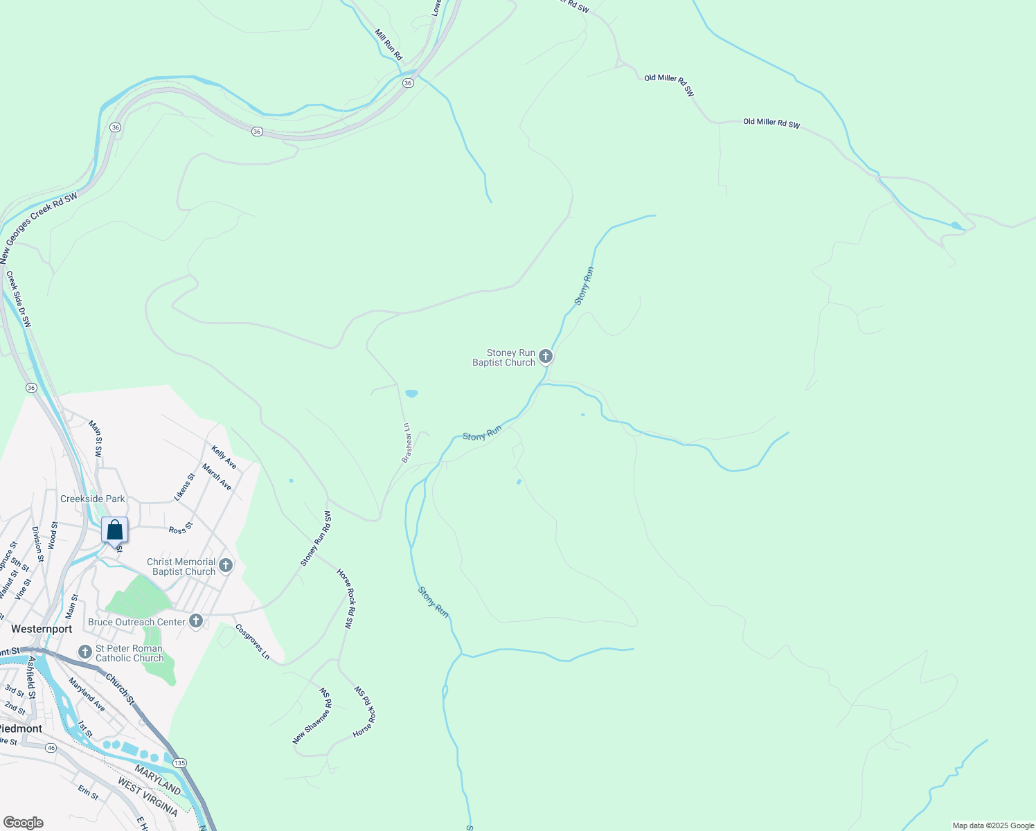 map of restaurants, bars, coffee shops, grocery stores, and more near 23811 Stoney Run Road Southwest in Westernport