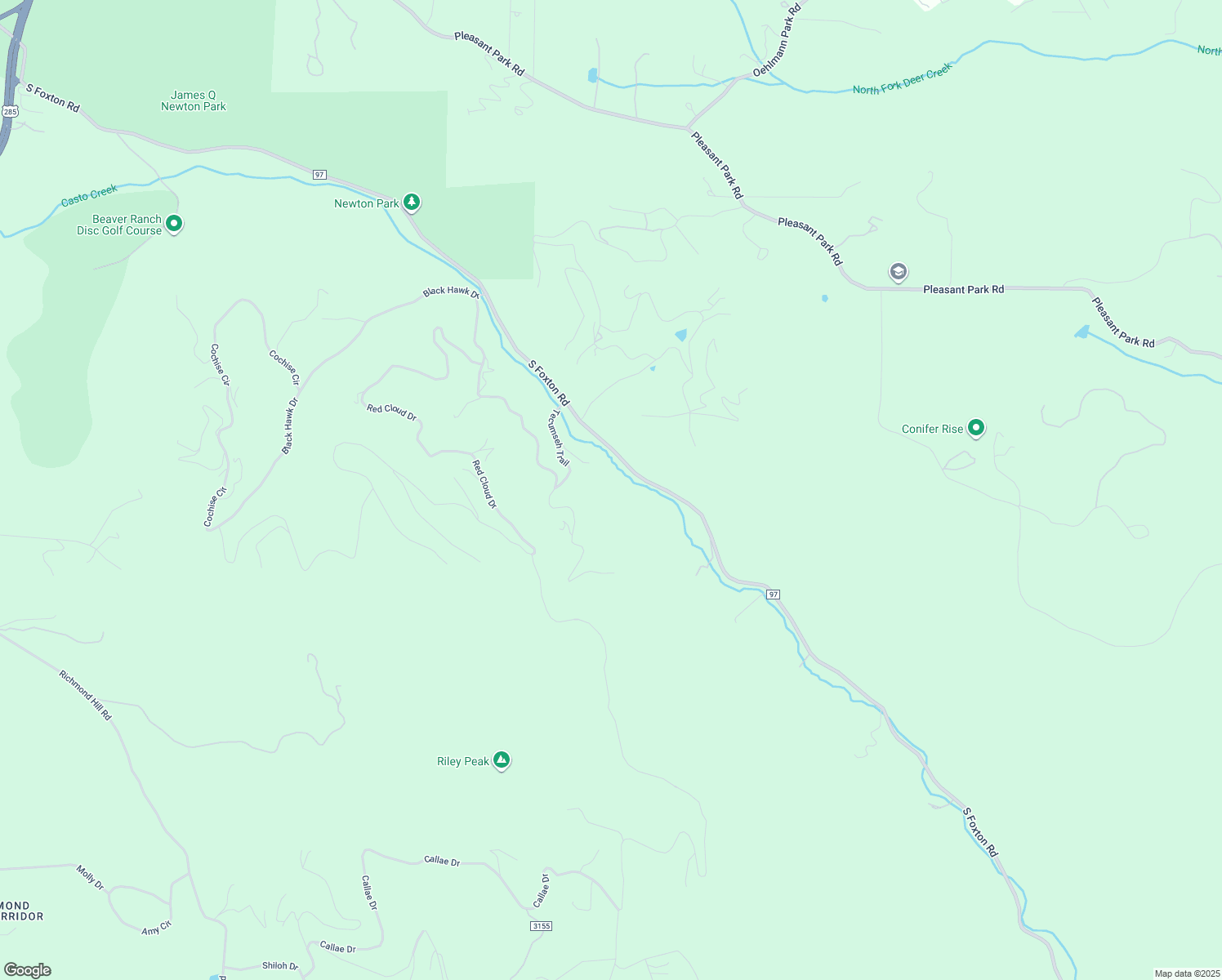 map of restaurants, bars, coffee shops, grocery stores, and more near 12149 S Foxton Rd in Conifer
