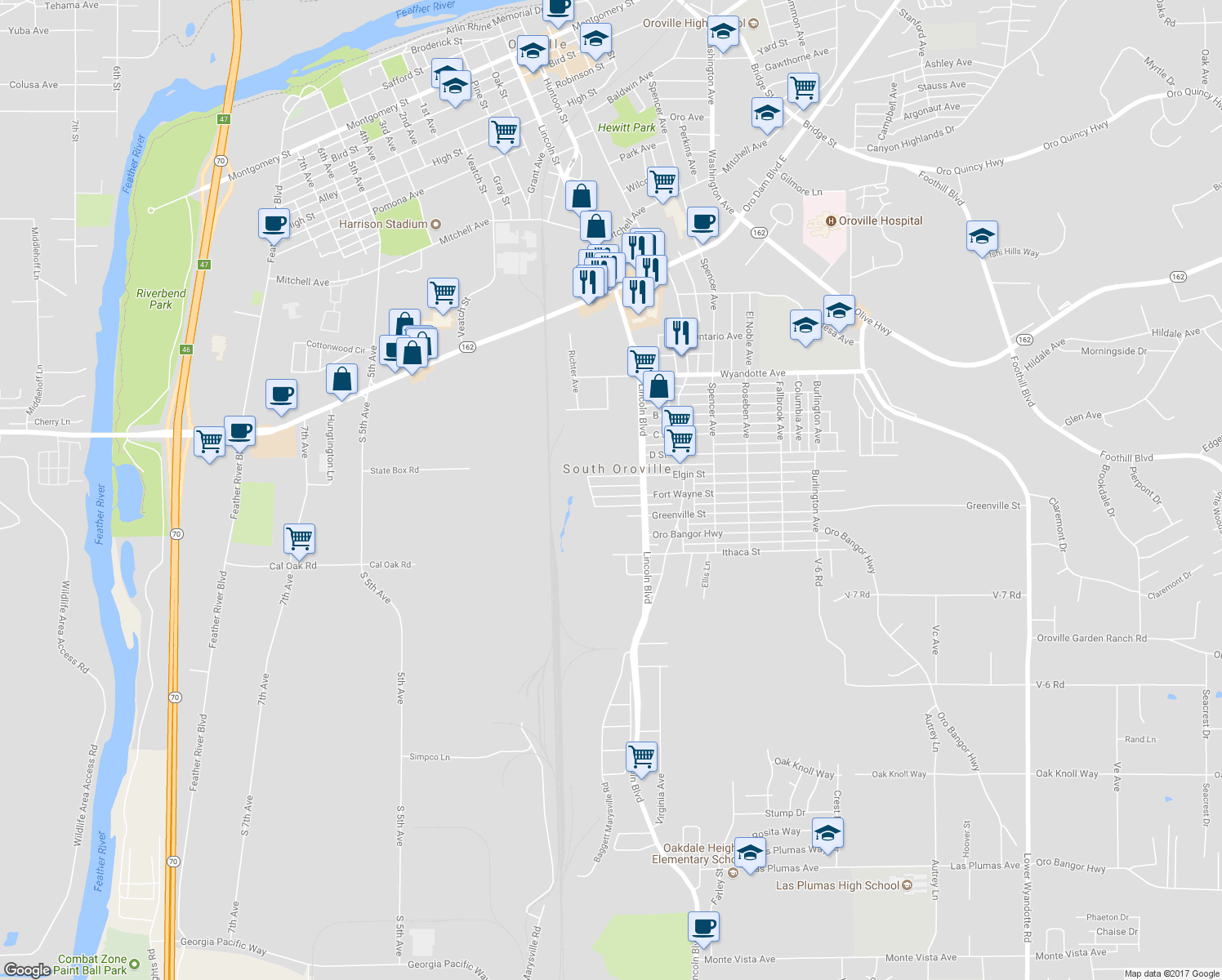 map of restaurants, bars, coffee shops, grocery stores, and more near 1790 Fort Wayne Street in Oroville
