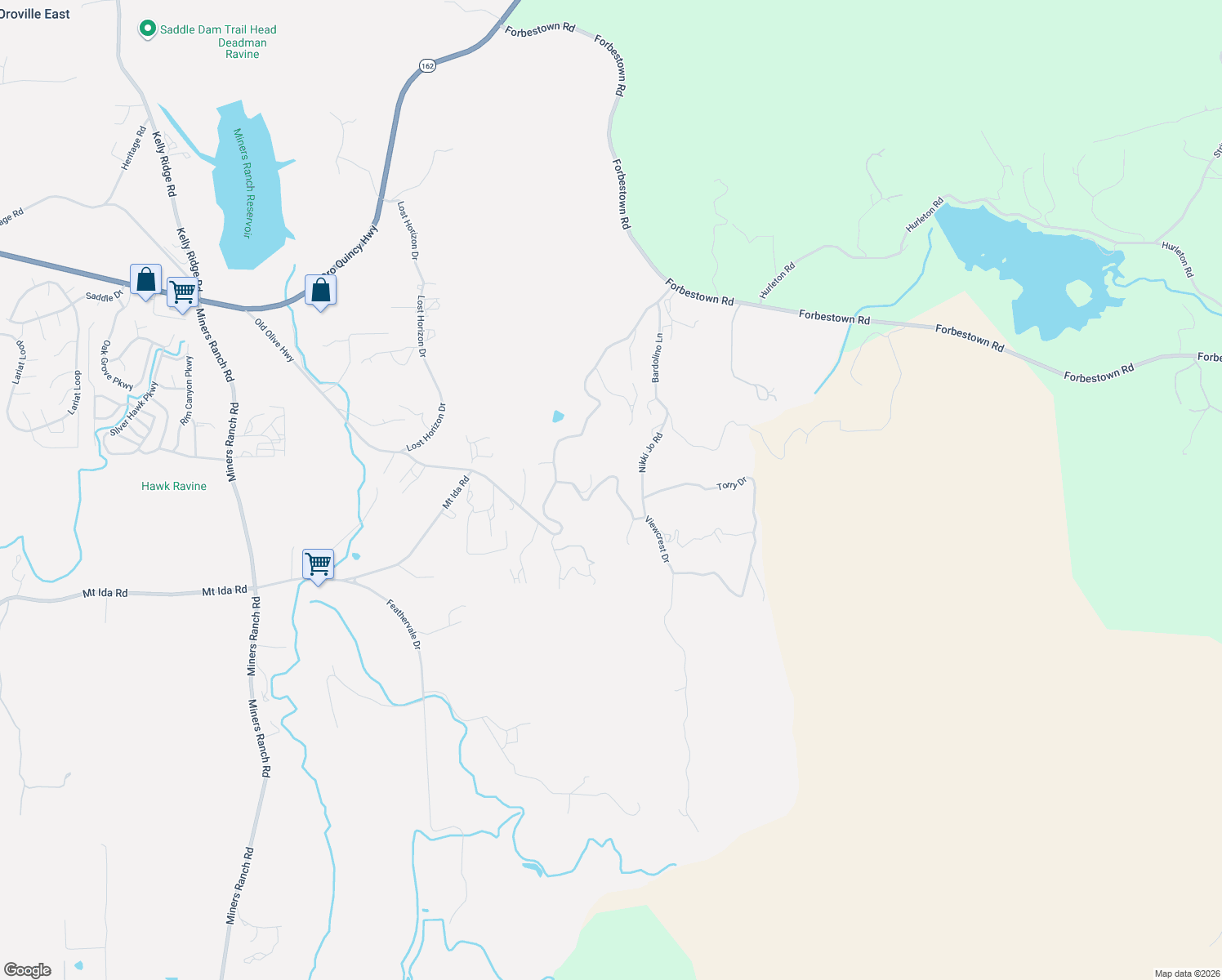 map of restaurants, bars, coffee shops, grocery stores, and more near 106 Peak View Drive in Oroville