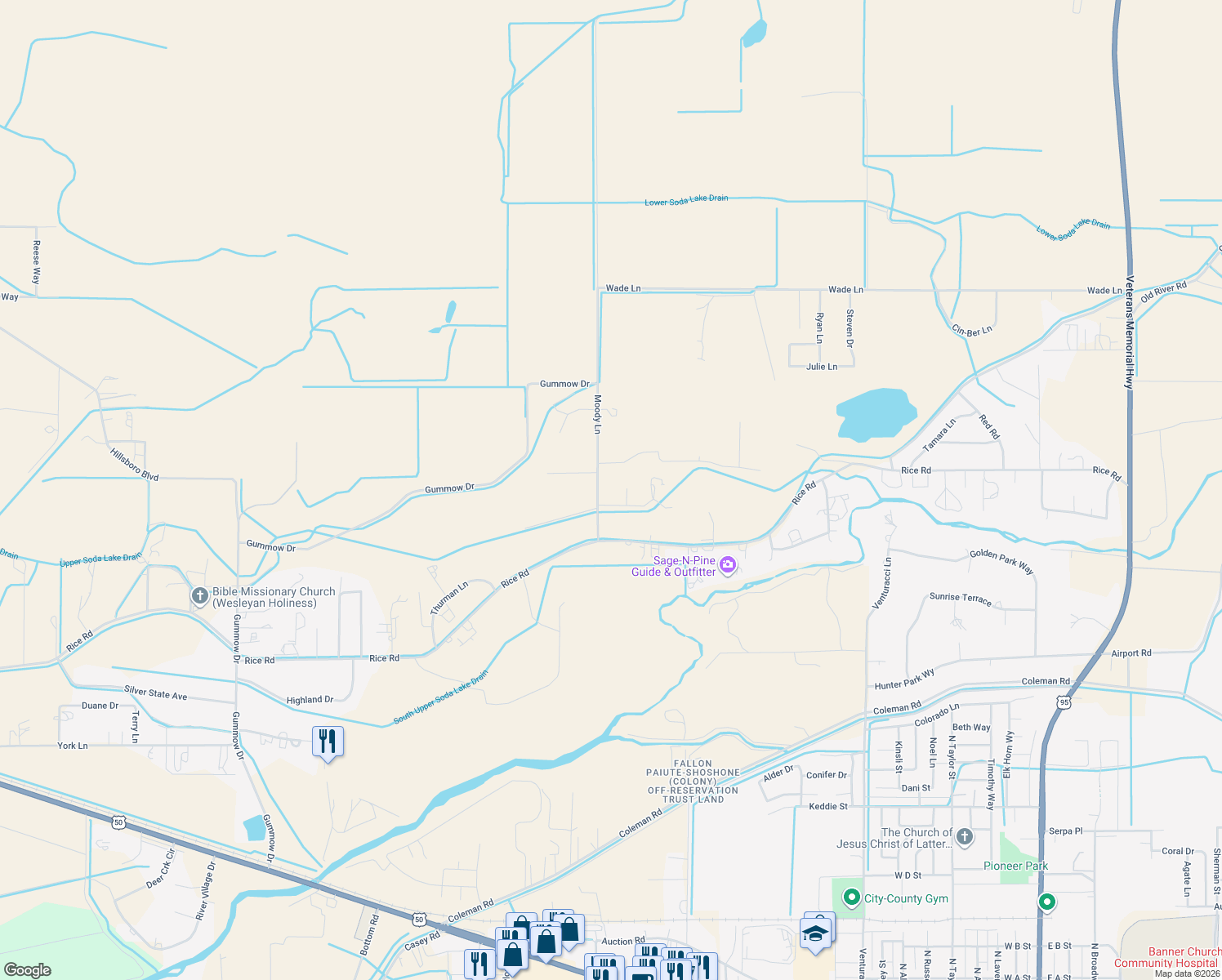 map of restaurants, bars, coffee shops, grocery stores, and more near 1450 Moody Lane in Fallon