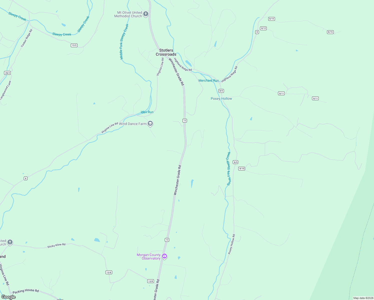map of restaurants, bars, coffee shops, grocery stores, and more near 8023 County Route 13 in Berkeley Springs