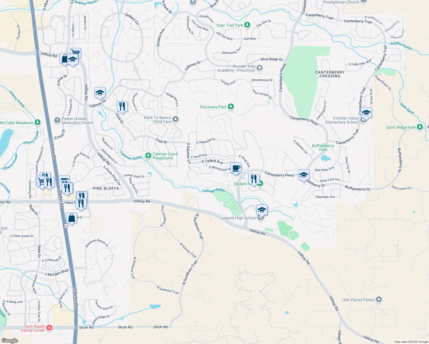 map of restaurants, bars, coffee shops, grocery stores, and more near 21578 E Wanderlust Pl in Parker