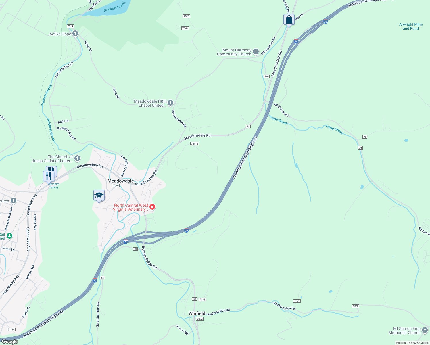 map of restaurants, bars, coffee shops, grocery stores, and more near 166 Stonewall Road in Fairmont