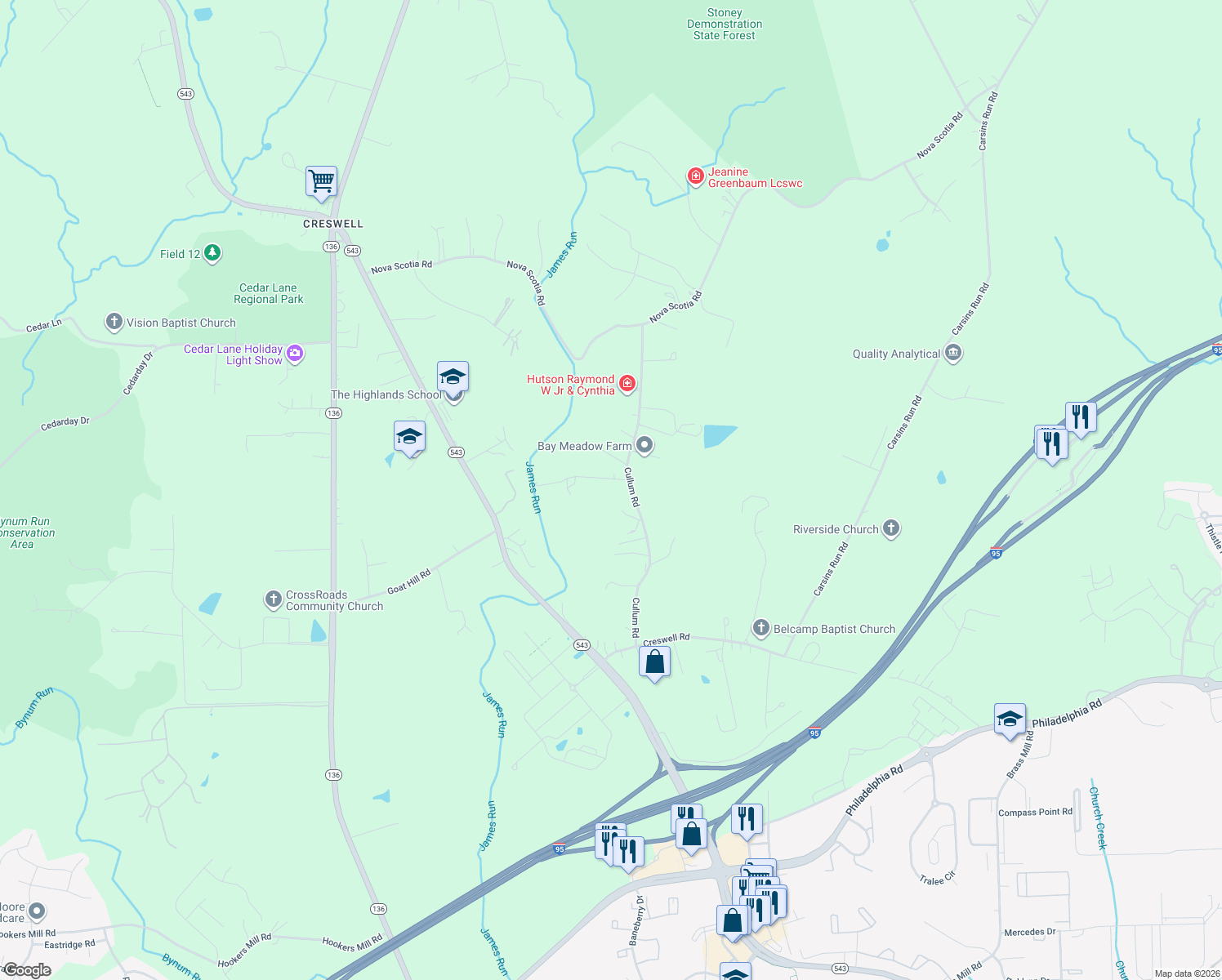 map of restaurants, bars, coffee shops, grocery stores, and more near 2511 Cullum Road in Bel Air
