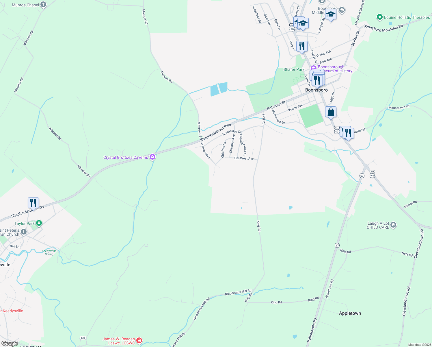 map of restaurants, bars, coffee shops, grocery stores, and more near 306 Chieftan Lane in Boonsboro
