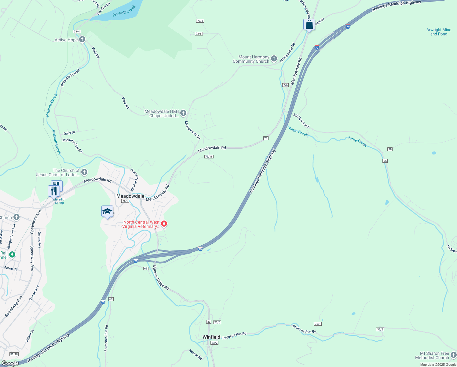 map of restaurants, bars, coffee shops, grocery stores, and more near 166 Stonewall Road in Fairmont