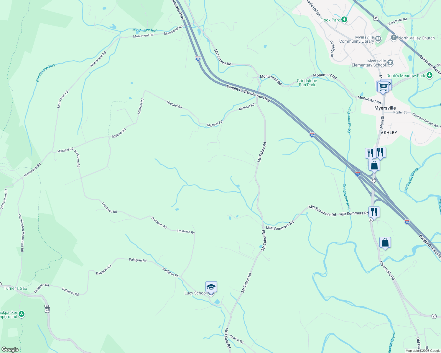 map of restaurants, bars, coffee shops, grocery stores, and more near 9702 Mount Tabor Road in Middletown