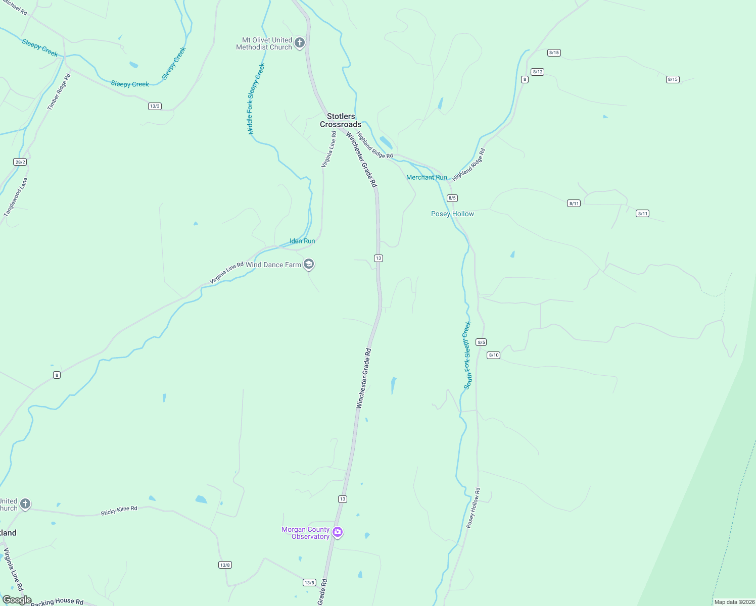 map of restaurants, bars, coffee shops, grocery stores, and more near 8023 County Route 13 in Berkeley Springs