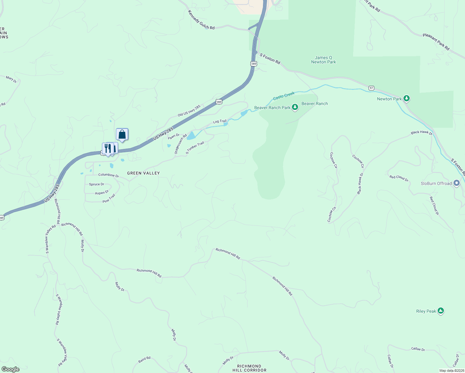map of restaurants, bars, coffee shops, grocery stores, and more near 11406 Conifer Ridge Drive in Conifer