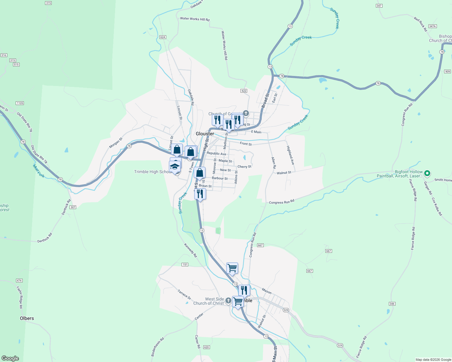 map of restaurants, bars, coffee shops, grocery stores, and more near 40 Barbour St in Glouster