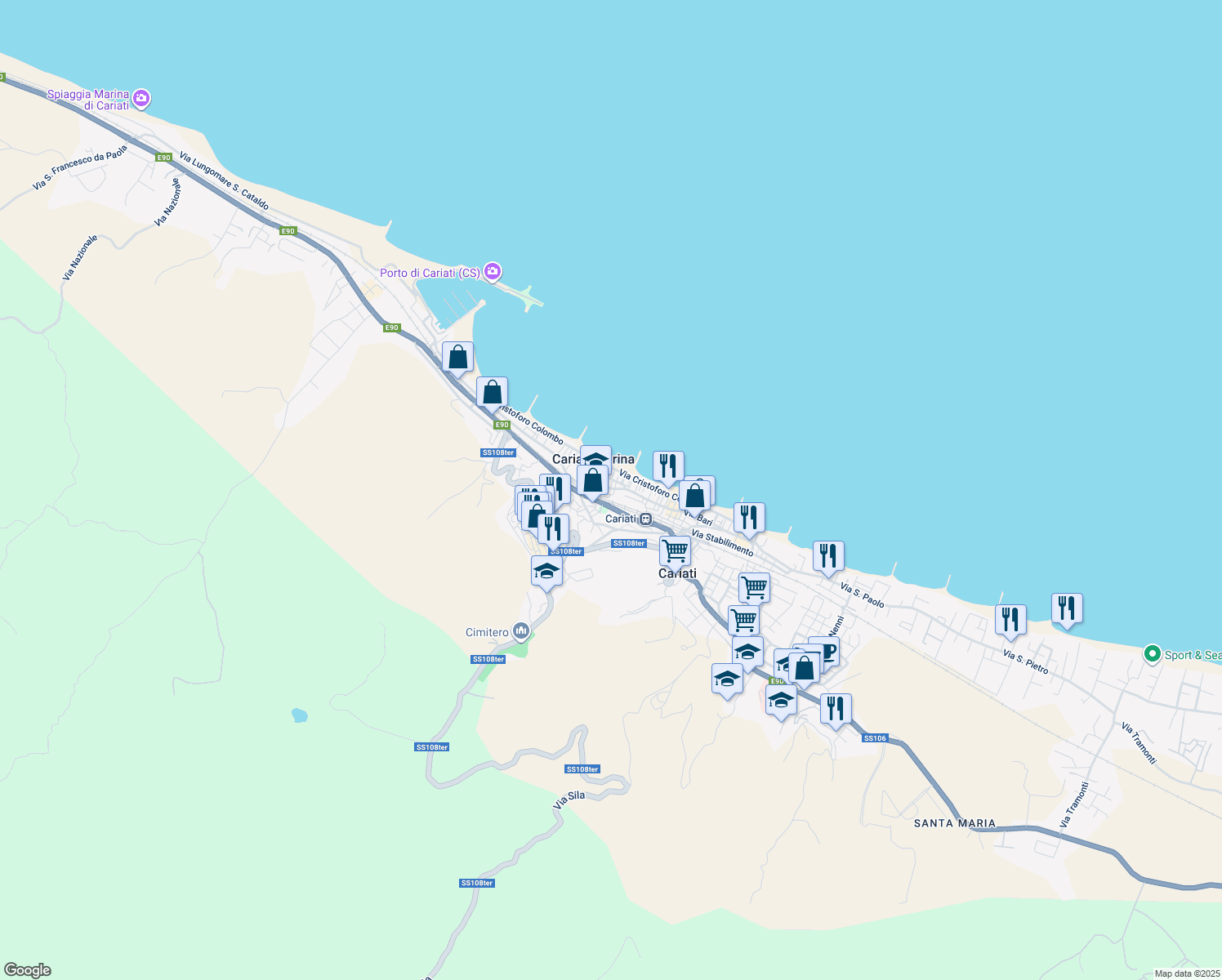 map of restaurants, bars, coffee shops, grocery stores, and more near 45 Via Giacomo Matteotti in Cariati