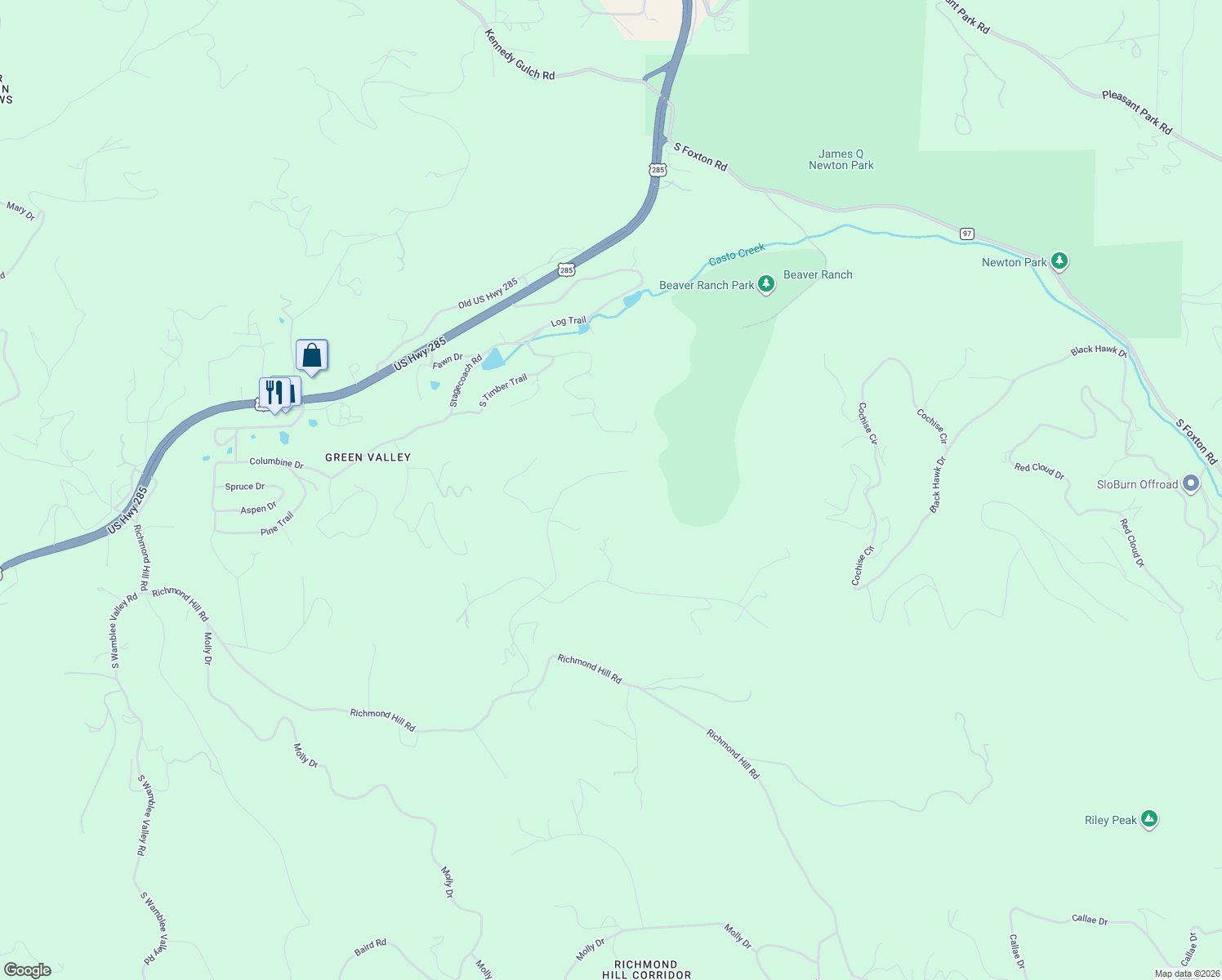 map of restaurants, bars, coffee shops, grocery stores, and more near 11406 Conifer Ridge Drive in Conifer