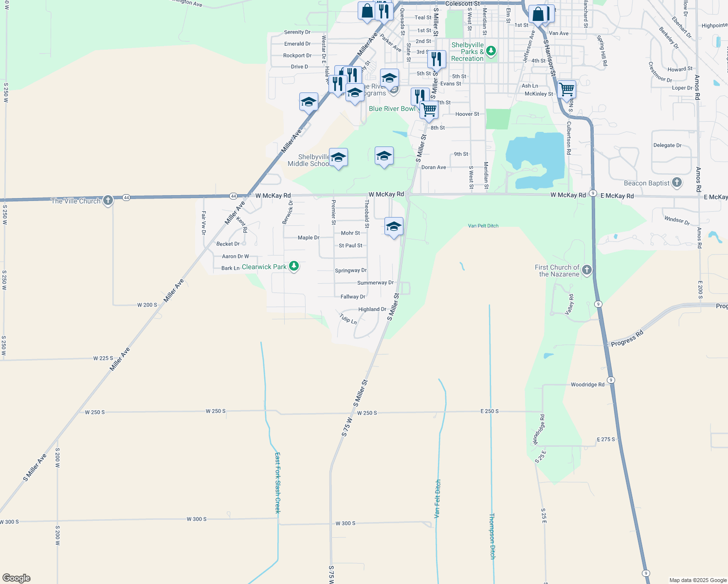 map of restaurants, bars, coffee shops, grocery stores, and more near 1006 Fallway Drive in Shelbyville