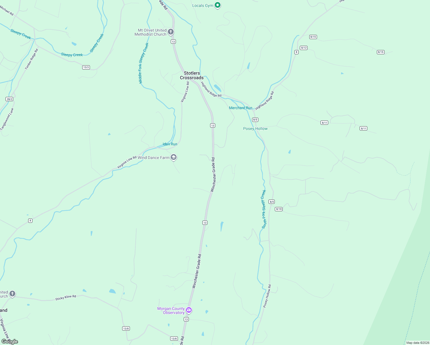map of restaurants, bars, coffee shops, grocery stores, and more near 8023 County Route 13 in Berkeley Springs