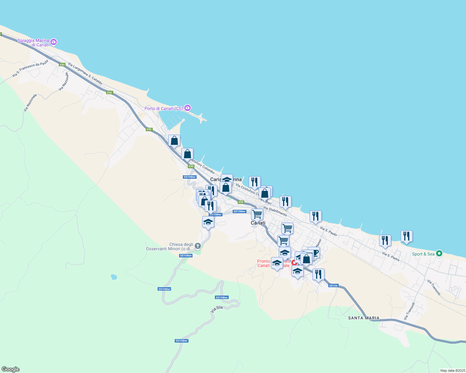 map of restaurants, bars, coffee shops, grocery stores, and more near 45 Via Giacomo Matteotti in Cariati