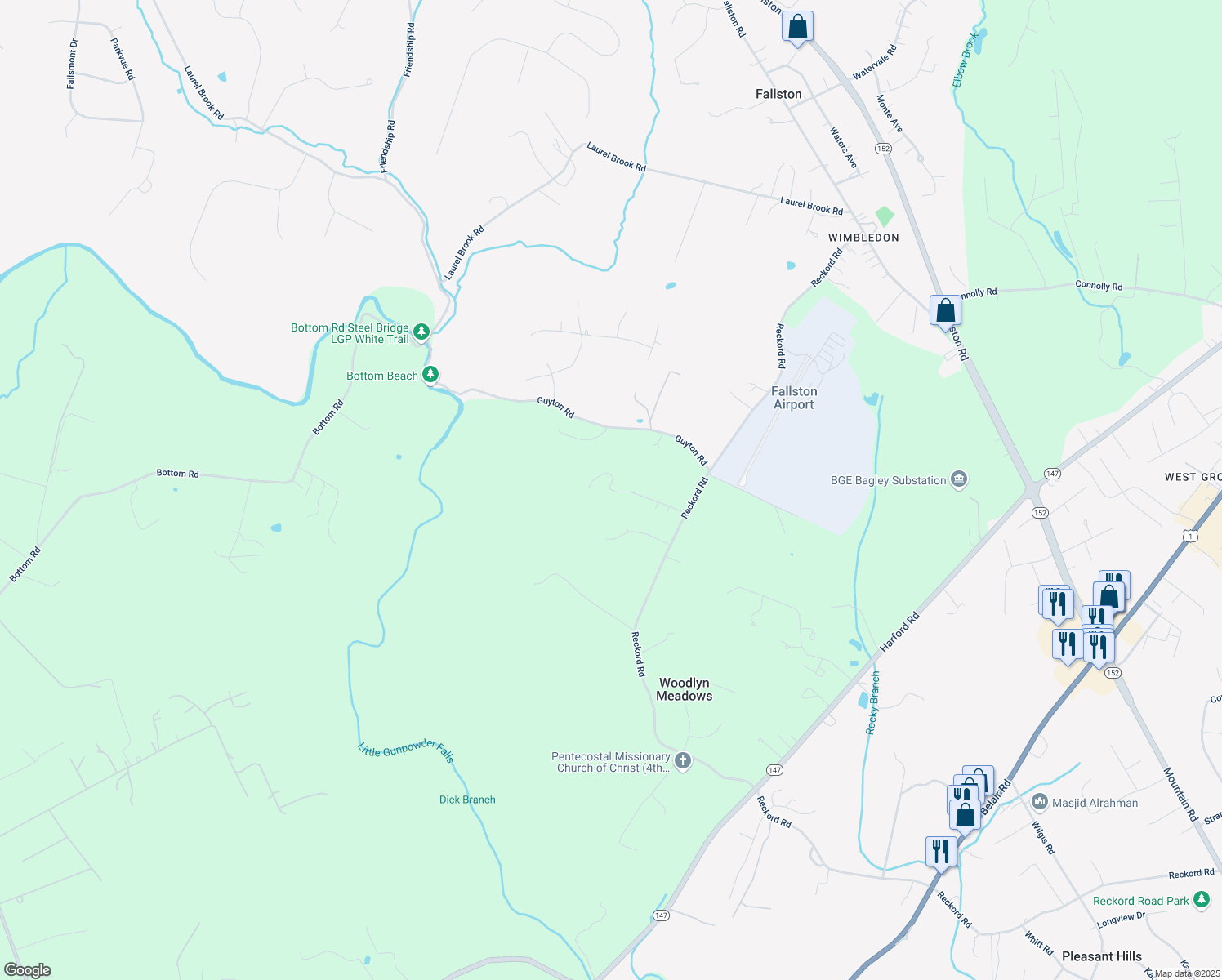 map of restaurants, bars, coffee shops, grocery stores, and more near 518 Reckord Road in Fallston