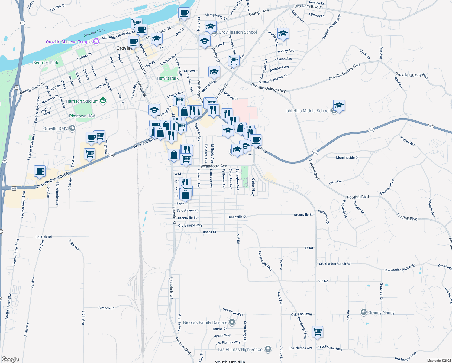 map of restaurants, bars, coffee shops, grocery stores, and more near 3331 Fallbrook Avenue in Oroville