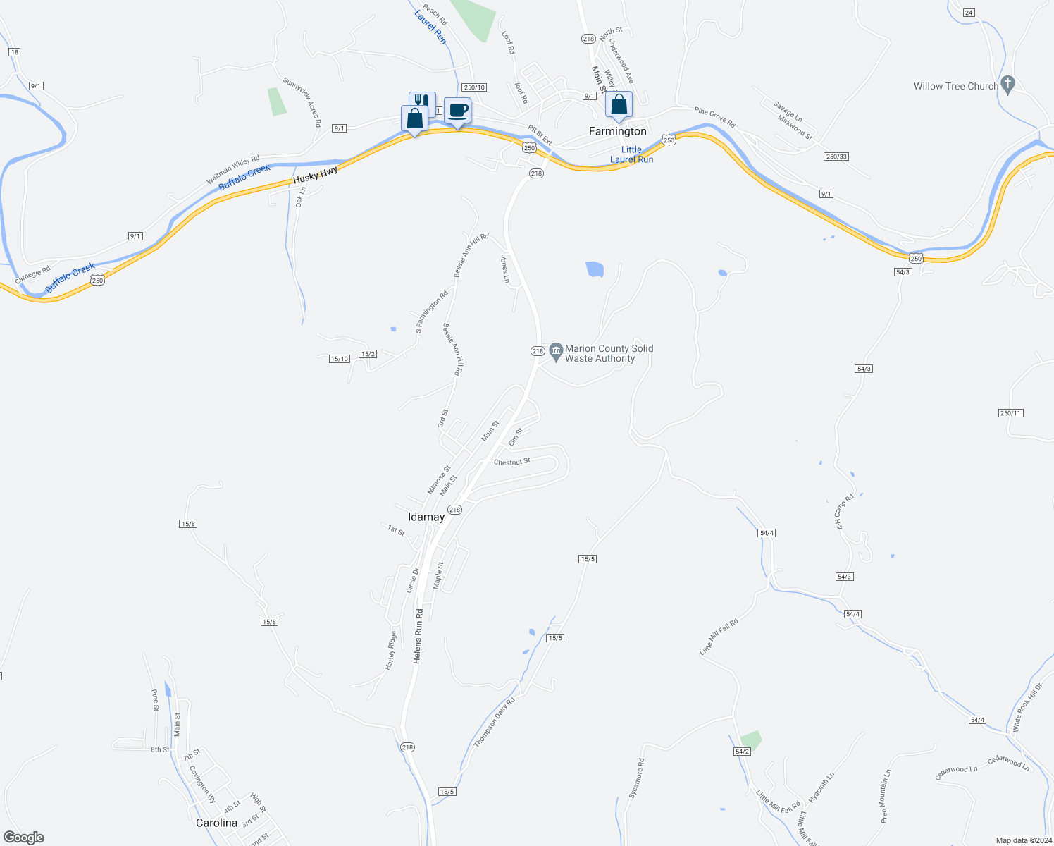 map of restaurants, bars, coffee shops, grocery stores, and more near 1017 Spruce Street in Farmington