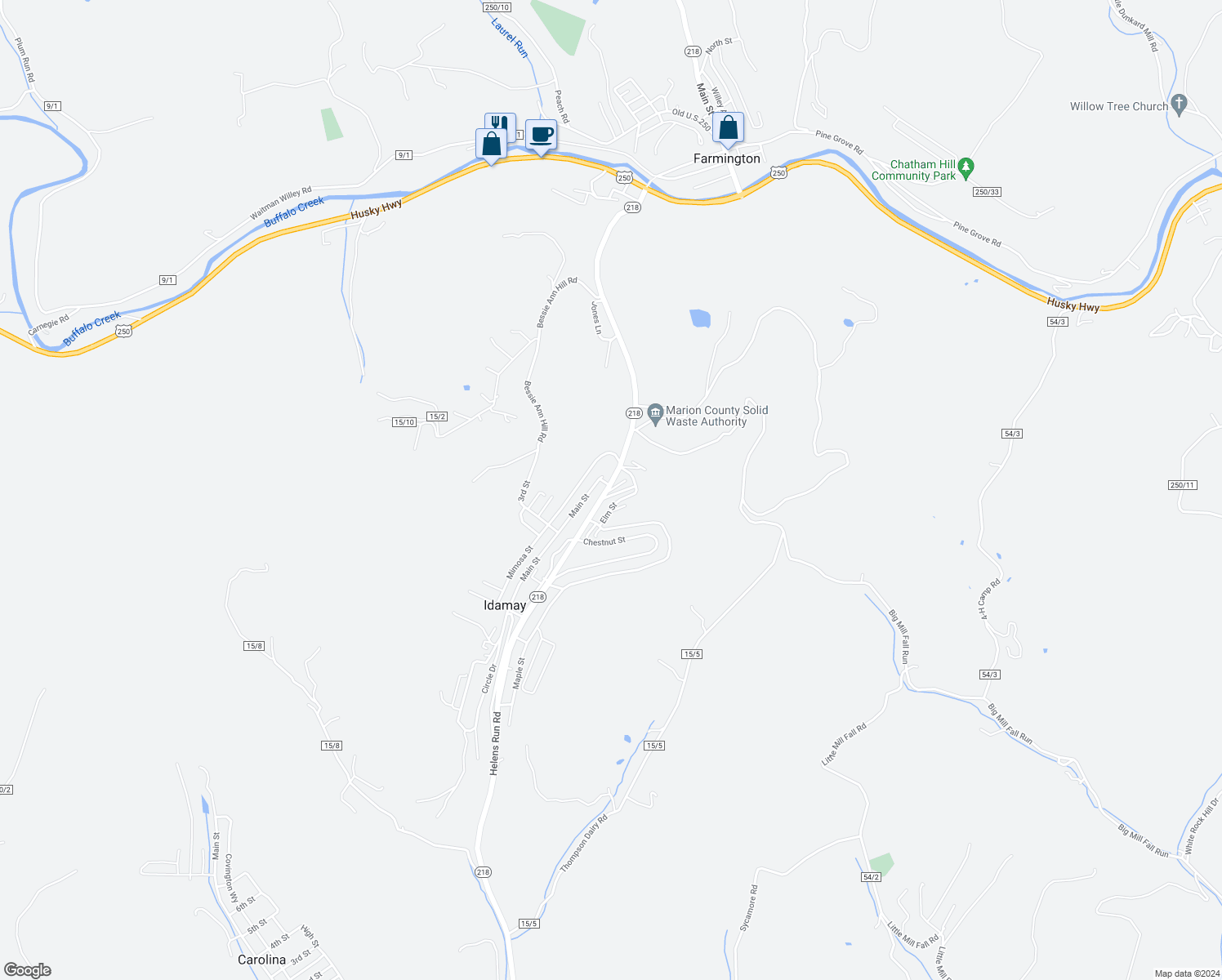 map of restaurants, bars, coffee shops, grocery stores, and more near 1017 Spruce Street in Farmington