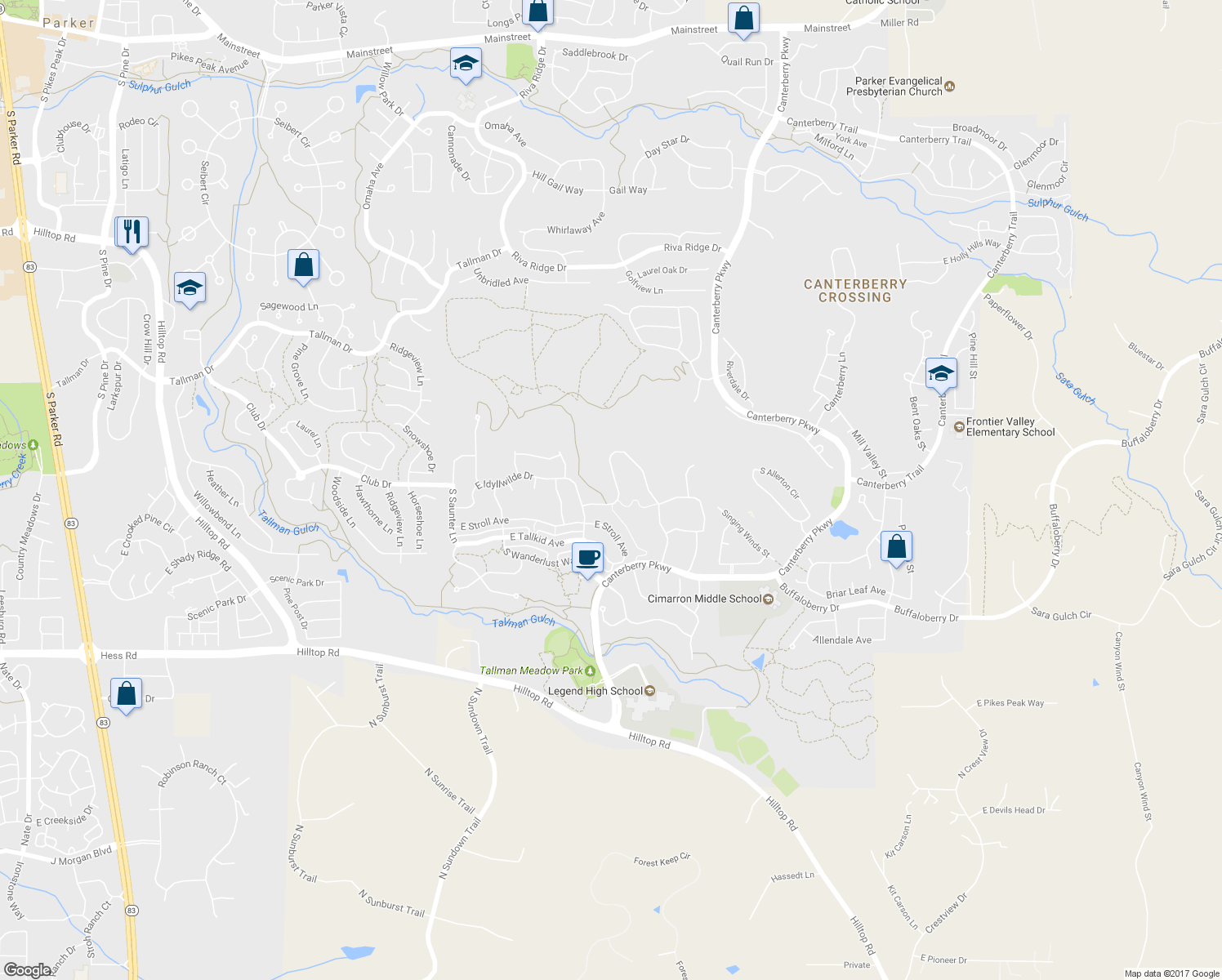map of restaurants, bars, coffee shops, grocery stores, and more near 11930 South Meander Way in Parker