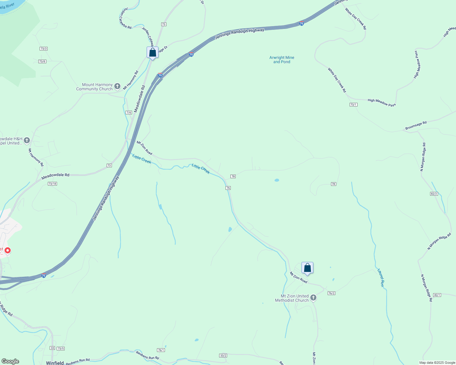 map of restaurants, bars, coffee shops, grocery stores, and more near 365 Mount Zion Road in Fairmont