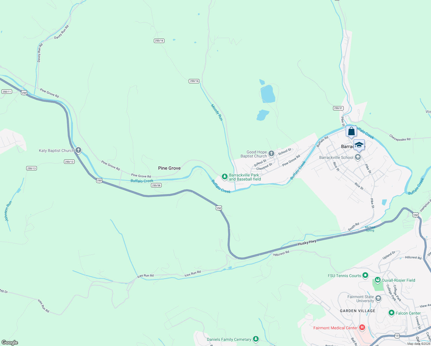 map of restaurants, bars, coffee shops, grocery stores, and more near Pine Grove-Barrackville Road in Fairmont