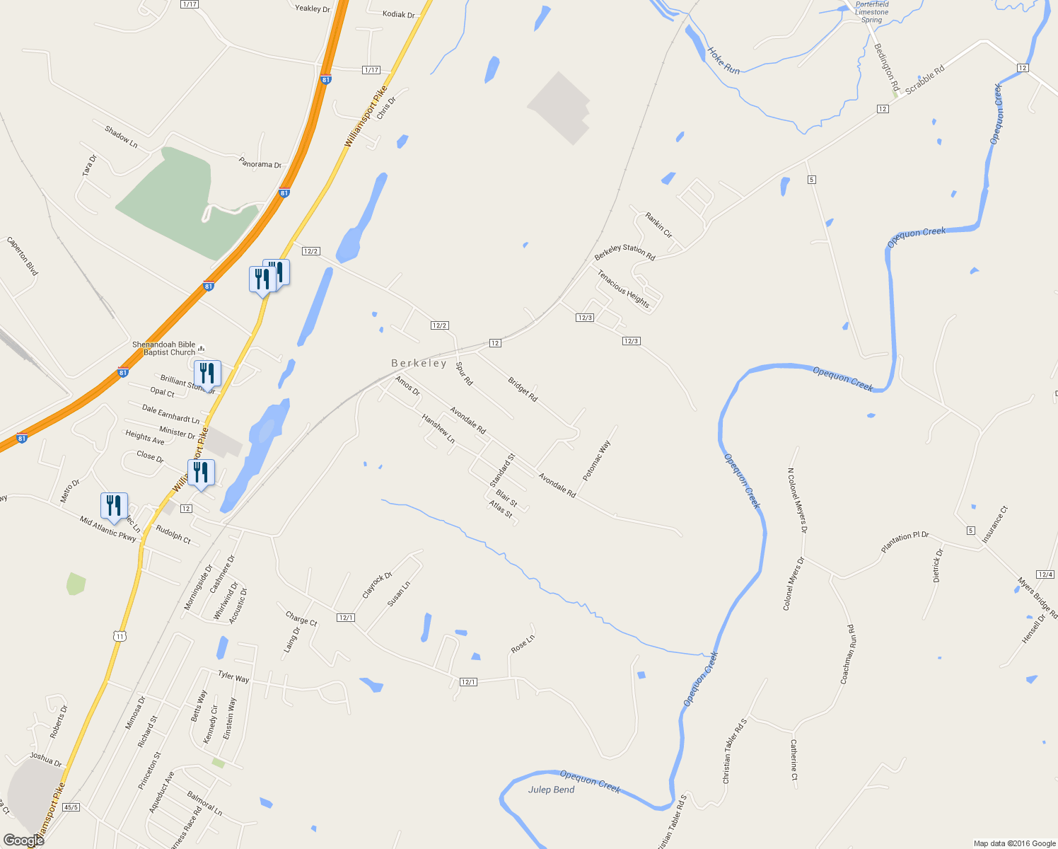 map of restaurants, bars, coffee shops, grocery stores, and more near 277 Spur Road in Martinsburg