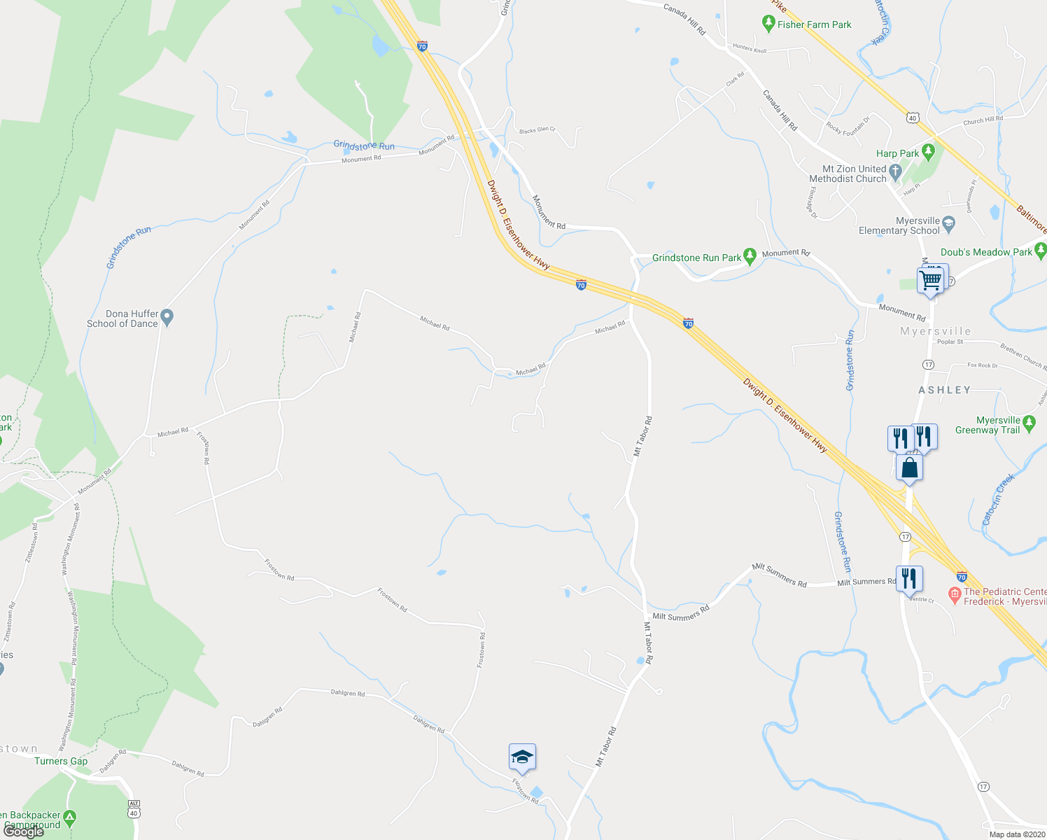 map of restaurants, bars, coffee shops, grocery stores, and more near 2315 Michael Road in Myersville