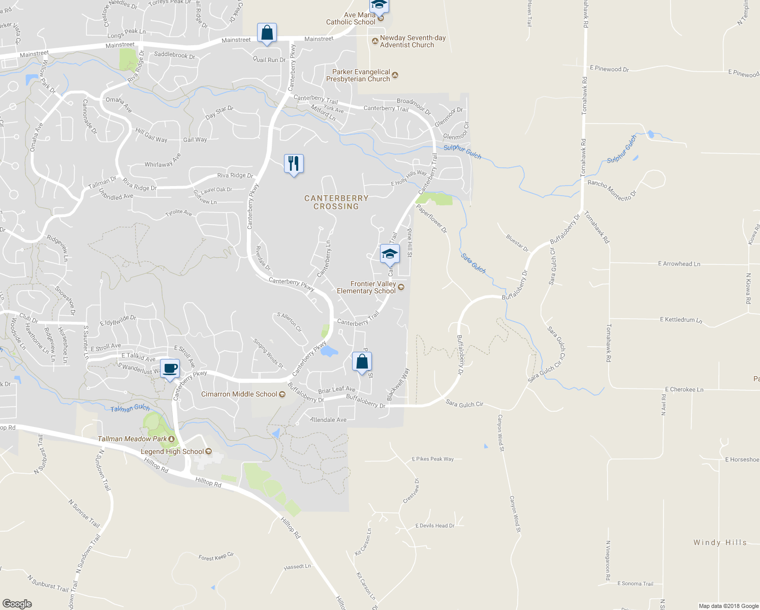 map of restaurants, bars, coffee shops, grocery stores, and more near 11929 Bent Oaks Street in Parker