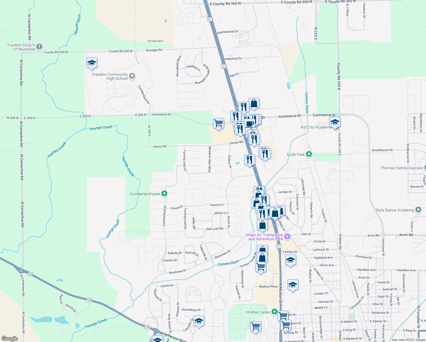 map of restaurants, bars, coffee shops, grocery stores, and more near 1090 Spring Meadow Court in Franklin